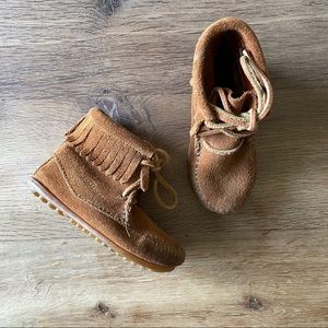 Minnetonka Moccasin Booties in Tan Suede